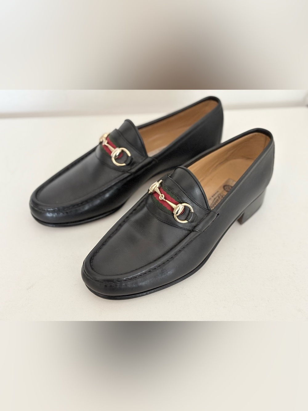 Gucci Black Leather Loafers with Red & Green Web and Gold Horsebit